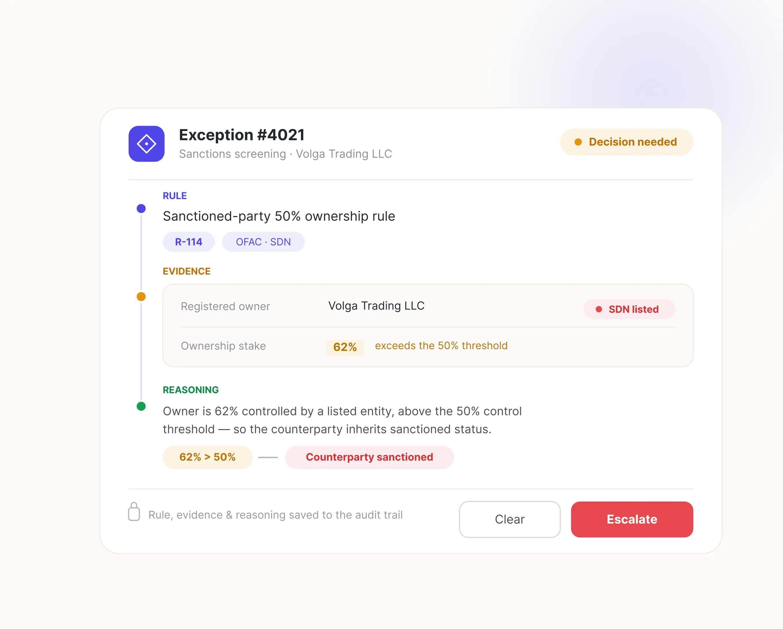 ArgusLoop returning a decision with rule, evidence, and reasoning