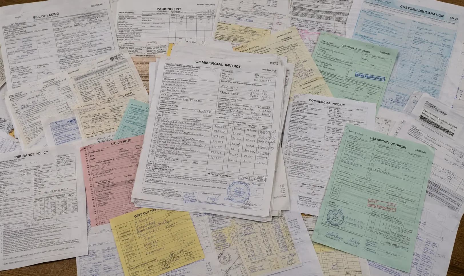A documentary credit presentation as received: overlapping scans, faxes, and photocopies in no order