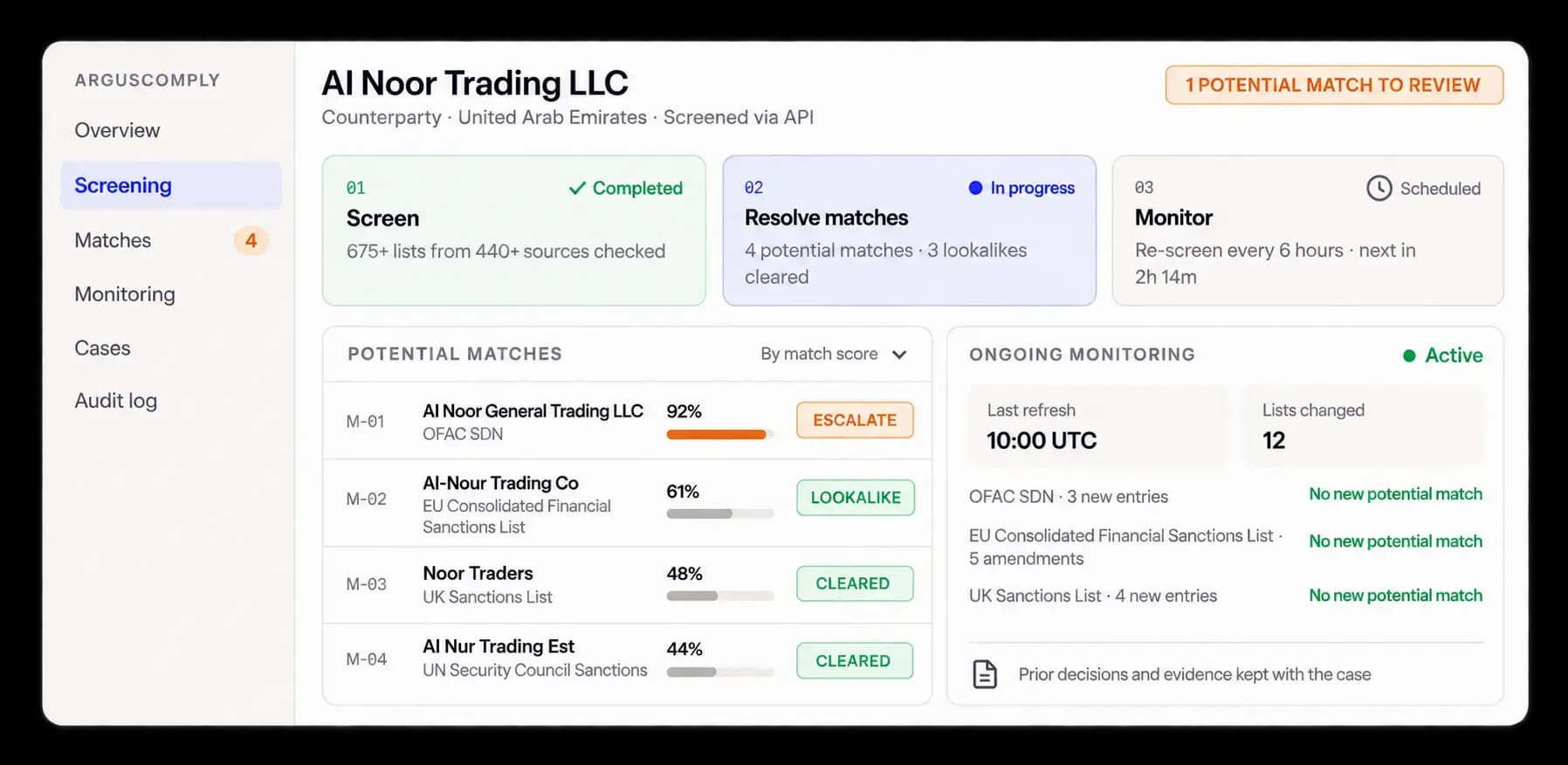 ArgusComply sanctions screening workspace with a potential match under review