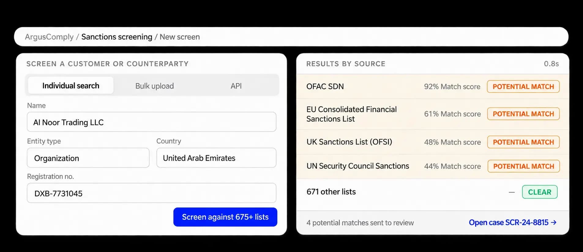 Bulk upload screened against configured sanctions data
