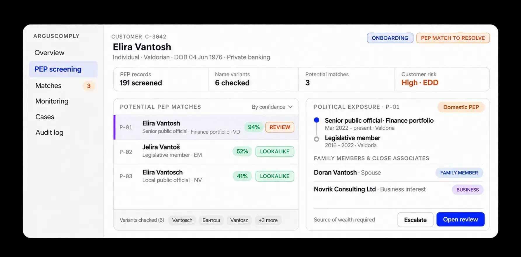 ArgusComply PEP screening workspace with a potential match under review